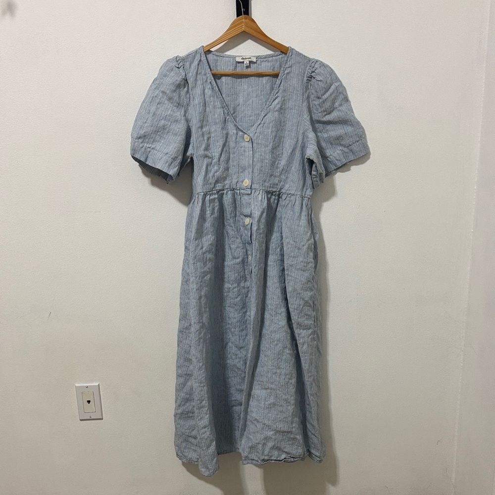 Madewell Striped Pale Blue Button-Front Midi Dress